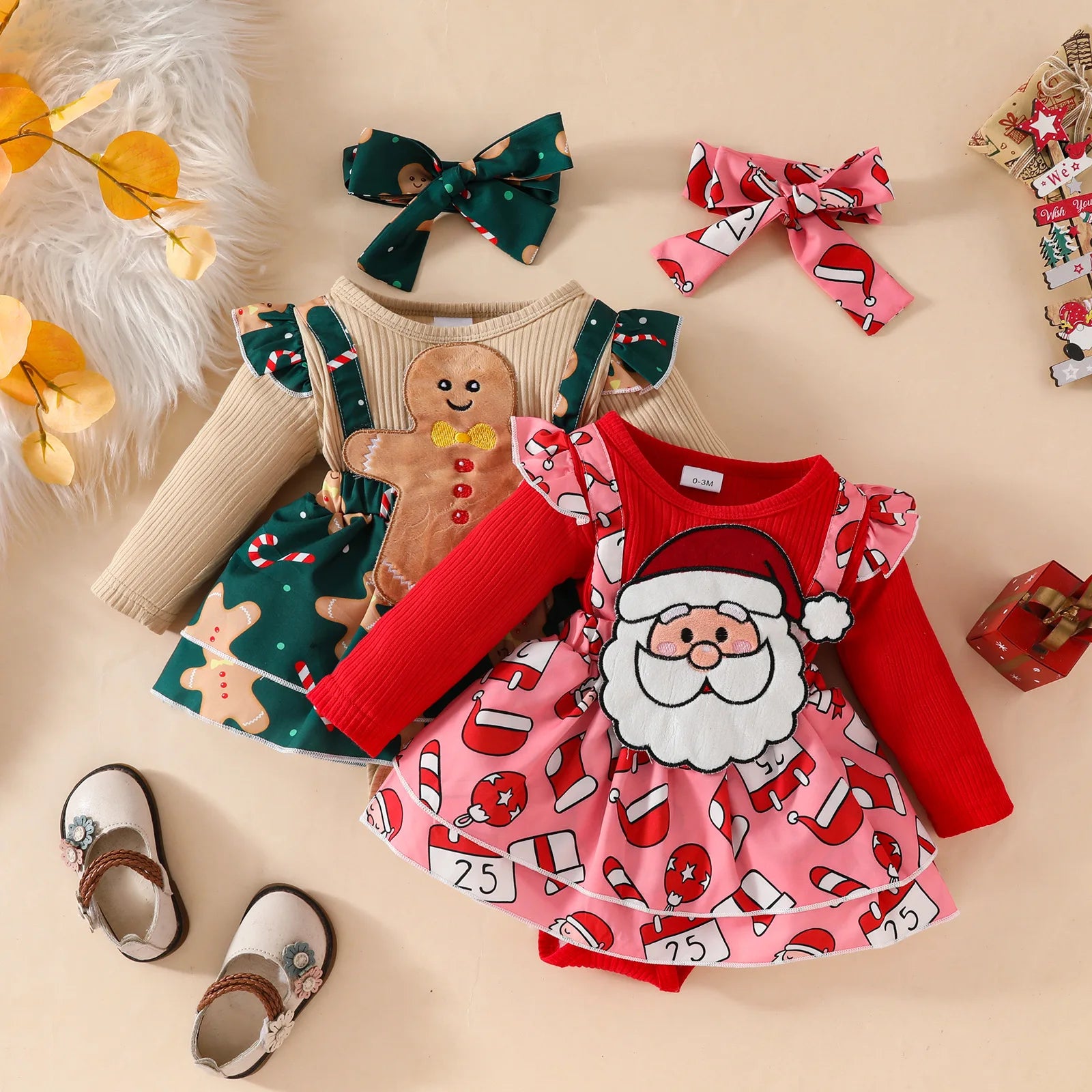 2025 Christmas Baby Romper Dress with Headband for Newborns Santa Gingerbread Man Xmas Festive Outfit for 0-18M Infant Clothing