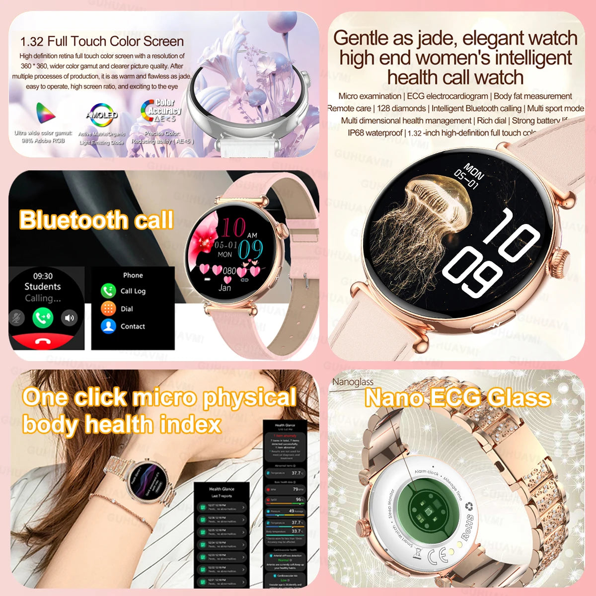 NEW 1.32inch Women Smartwatch AMOLED Screen ECG Sport Watch Blood Pressure Micro physical examination AI dial Health Smart Watch