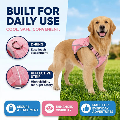 Pink I YAN dog cooling vest harness with 4 ice packs and adjustable straps for large dogs, providing over 180 minutes of cooling.
