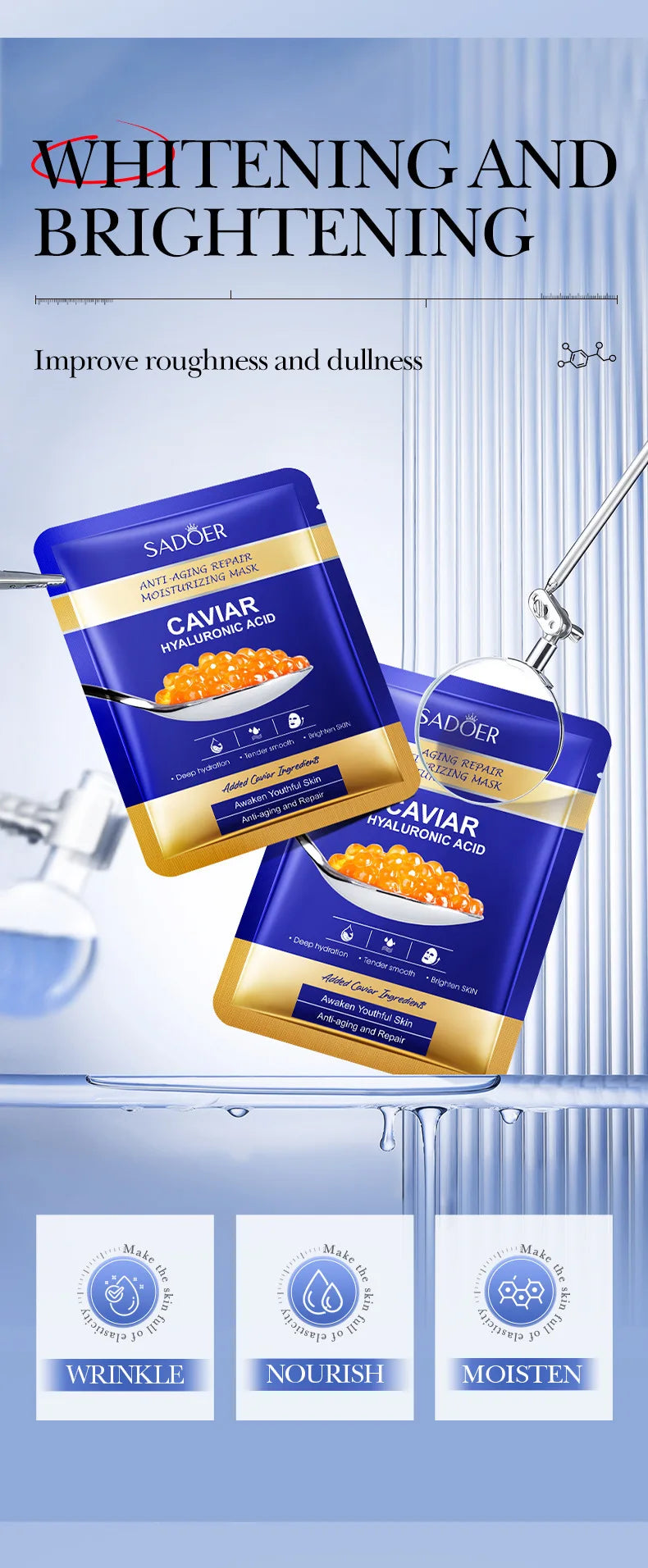 5/10pcs SADOER Caviar Hyaluronic Acid Moisturizing Facial Masks Brightening Firming Hydrating Face Mask Skin Care Products