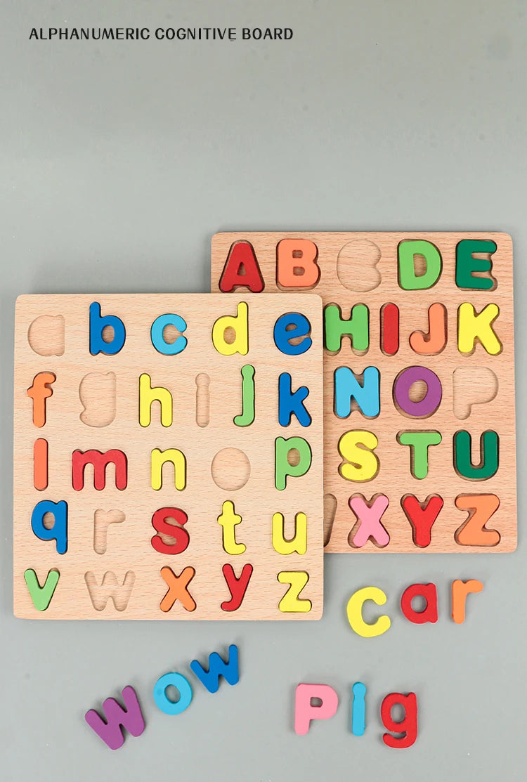 Wooden Montessori puzzle with colorful alphabet, numbers, geometric shapes, and arithmetic symbols for preschool learning by I YAN.