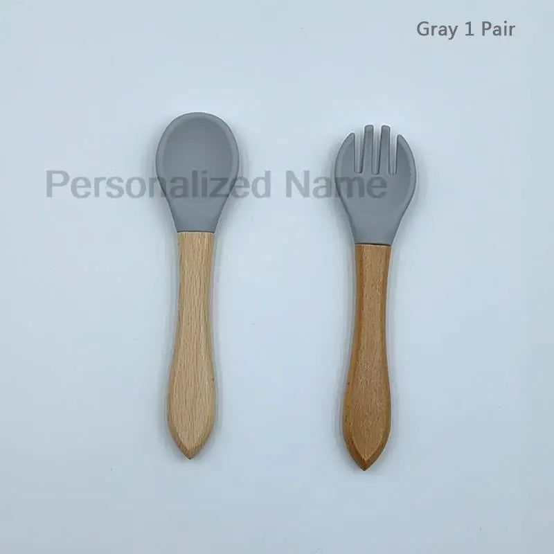 Baby Silicone Spoon & Fork Set – Soft BPA-Free Feeding Utensils with Wooden Handle - I YAN