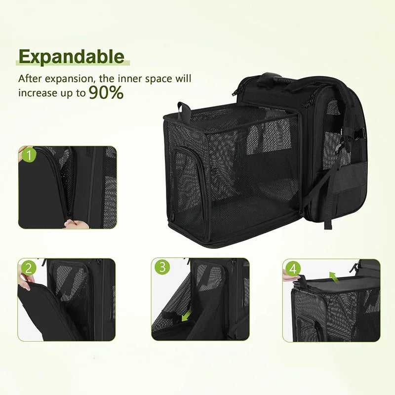 Expandable I YAN cat carrier backpack with shade cover and breathable mesh for small cats and dogs, ideal for travel.