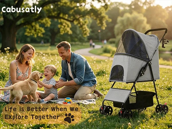 Lightweight I YAN foldable pet stroller with four wheels, breathable mesh, suitable for small dogs and cats for portable travel.