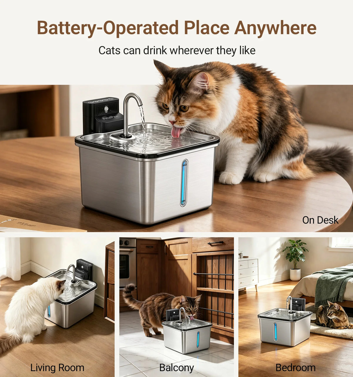 Wireless Pet Water Fountain by I YAN with stainless steel design, 3.5L capacity, battery-powered indoor cat and small dog water dispenser