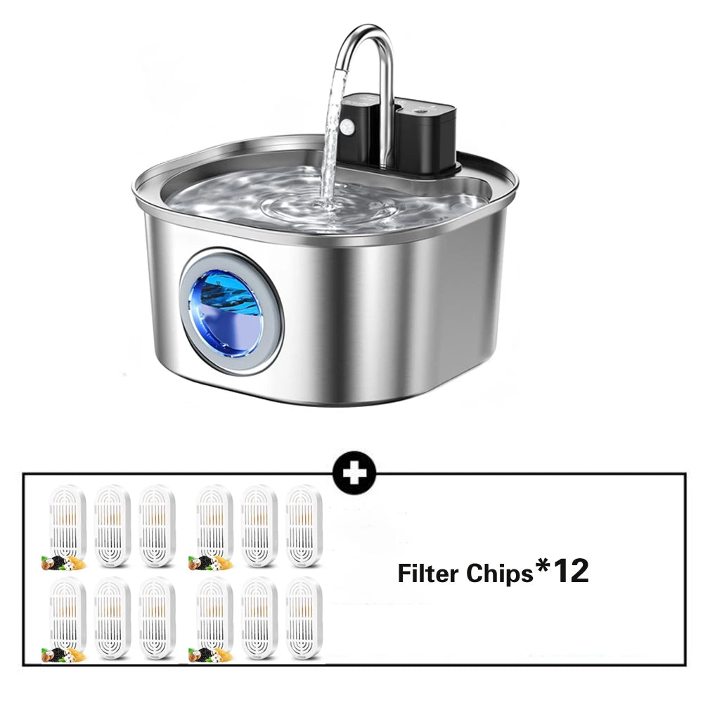 3.2L Automatic Cat Water Feeder with Motion Sensor Wireless Stainless Steel Pet Water Fountain Dog Water Bowl（No 5V 1A Plug）