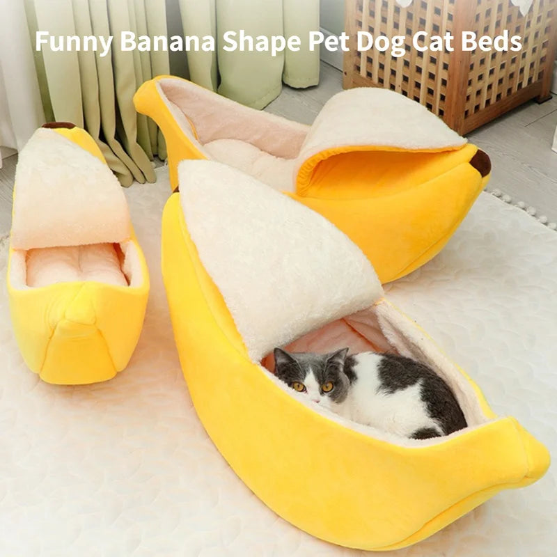 Colorful banana-shaped cat bed from I YAN, cozy and durable cushion for cats and small pets, portable pet house with a fun design.