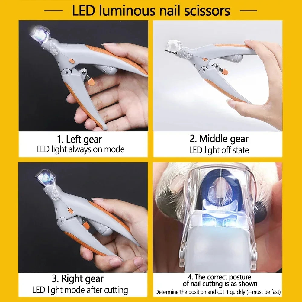 I YAN professional pet nail clipper with LED light, cat and dog nail scissors, featuring ergonomic handles and precise cutting blades