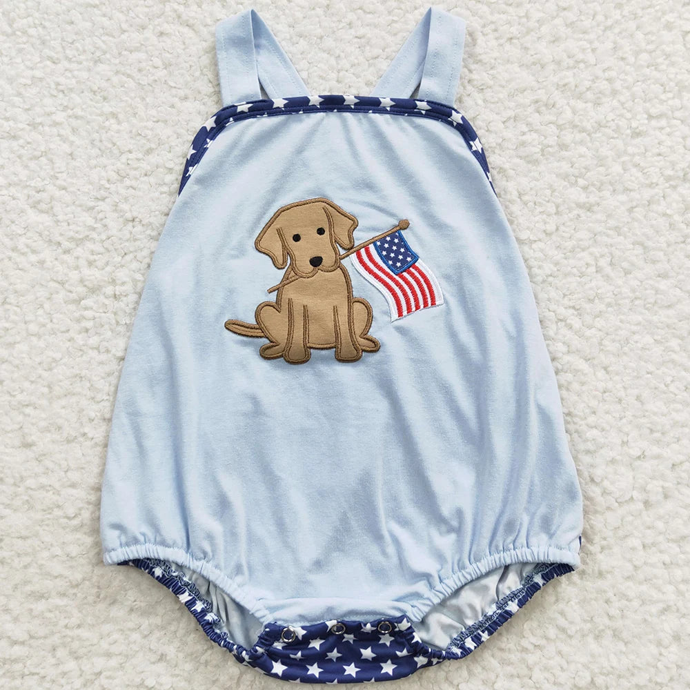 Pink baby girl romper by I YAN with 4th of July dog print, suitable for toddlers and siblings, cute bubble bodysuit for kids.