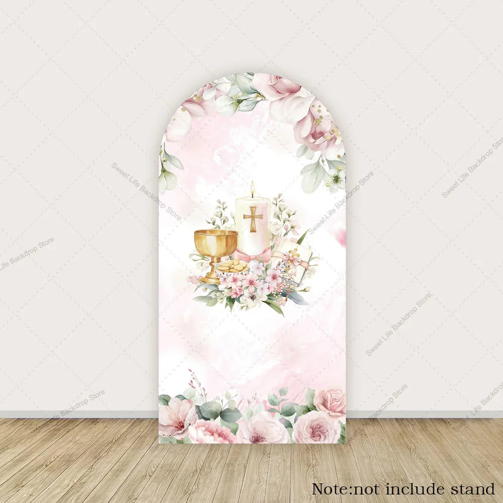 Girl First Holy Communion Arch Cover Backdrops God Bless Cross Grail Candle Decor Party Arched Wall Banner Background