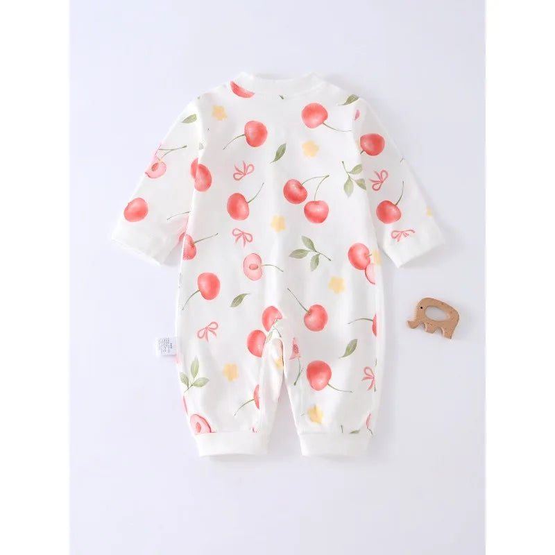 2026 Spring Cute Baby Boy Girl Romper Pure Cotton Long Sleeve Cherry Pattern Jumpsuit 9 to 12Months