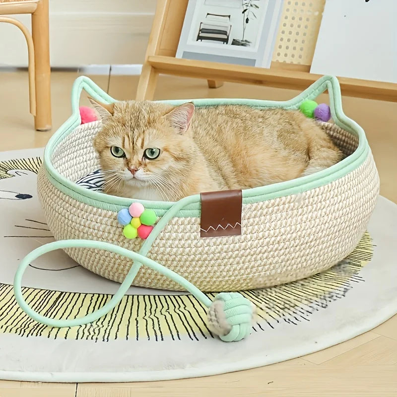 I YAN cartoon round pet cat bed with hand-woven rattan design, cotton rope edges, perfect for summer cooling and scratching.
