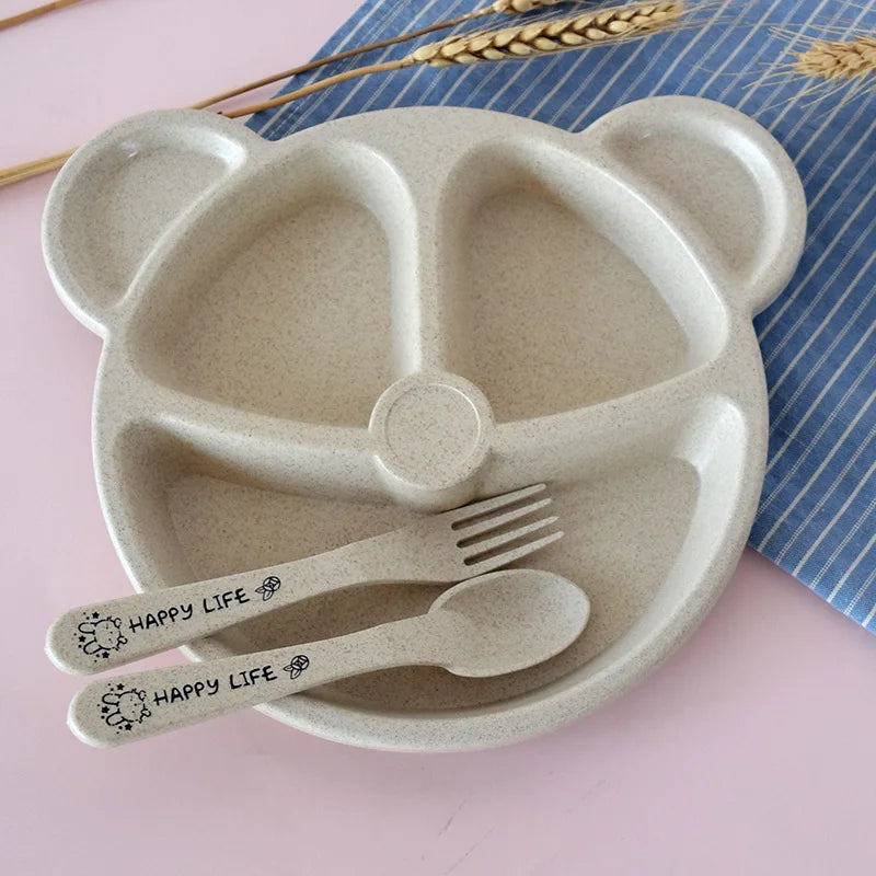 3Pcs Wheat straw children compartment dinner plate kindergarten students bear tableware set children tableware lunch box
