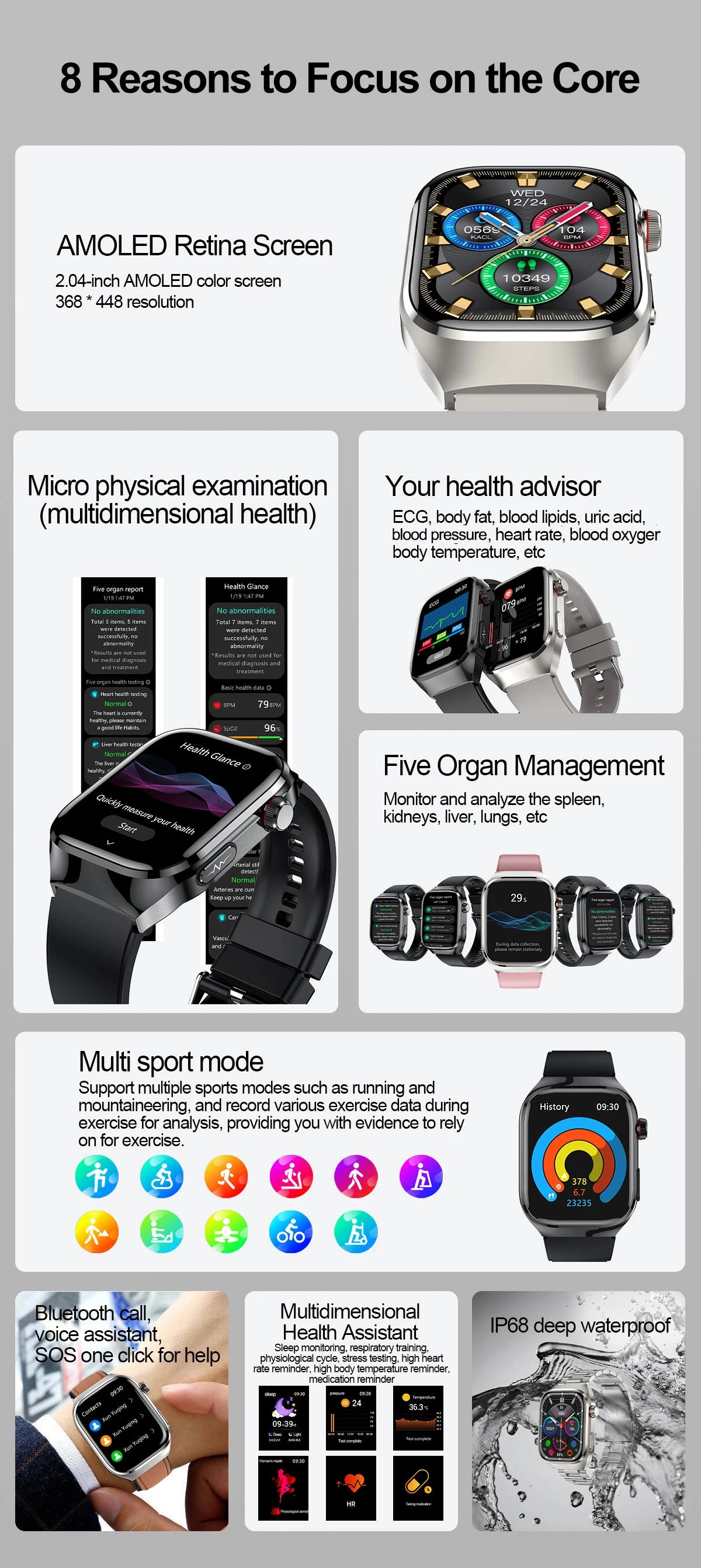 I YAN micro physical examination smartwatch for men displaying body fat, uric acid levels, and health monitoring on a sleek Bluetooth bracelet