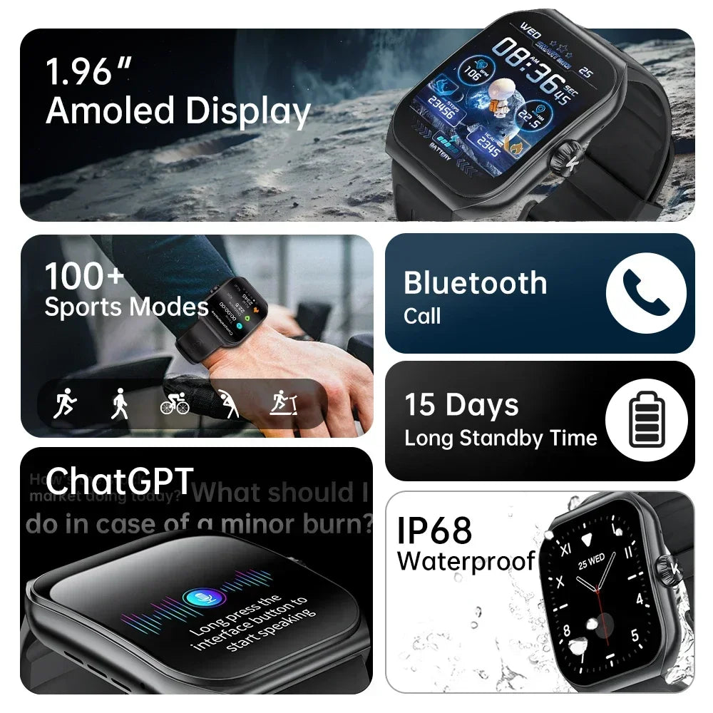 KUMI KU7 Smart Watch 1.96" AMOLED AI Voice Assistant Bluetooth Call NFC IP68 Waterproof SOS Heart Rate SpO2 Fitness