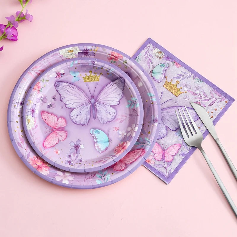 Butterfly Birthday Party Decoration Kids Girls Butterfly Party Disposable Tableware Paper Cup Plate Birthday Baby Shower Party - I YAN
