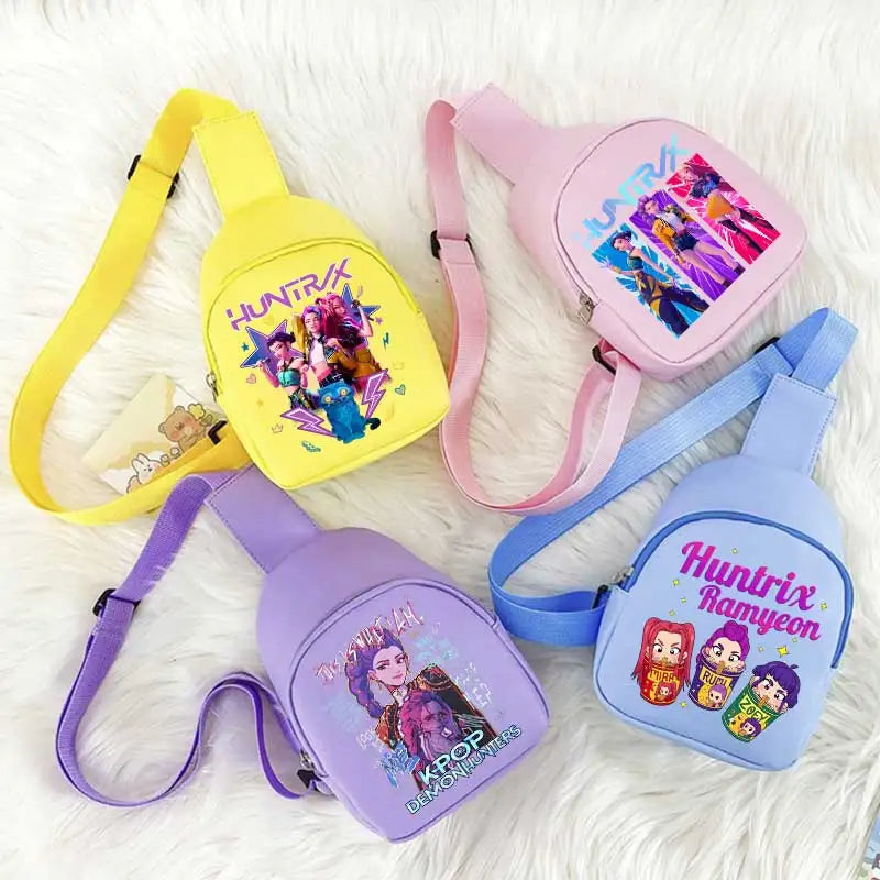 I YAN Kpop Demon Hunters kids chest bag featuring cartoon design, lightweight crossbody style for boys and girls.