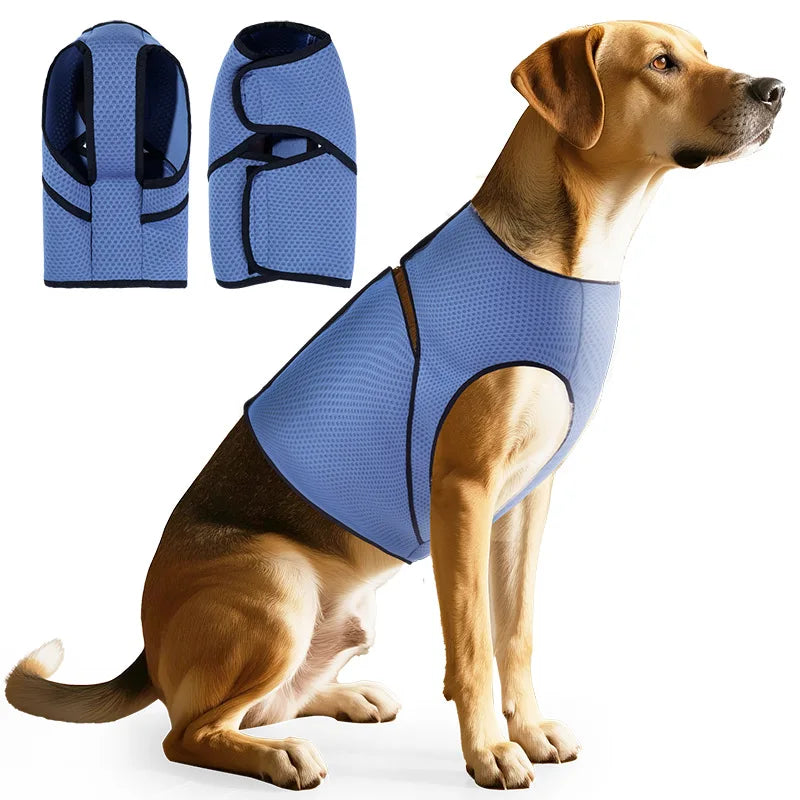 Mesh dog calming vest by I YAN, skin-friendly anxiety relief coat for thunderstorms, summer, with chest harness for pets.