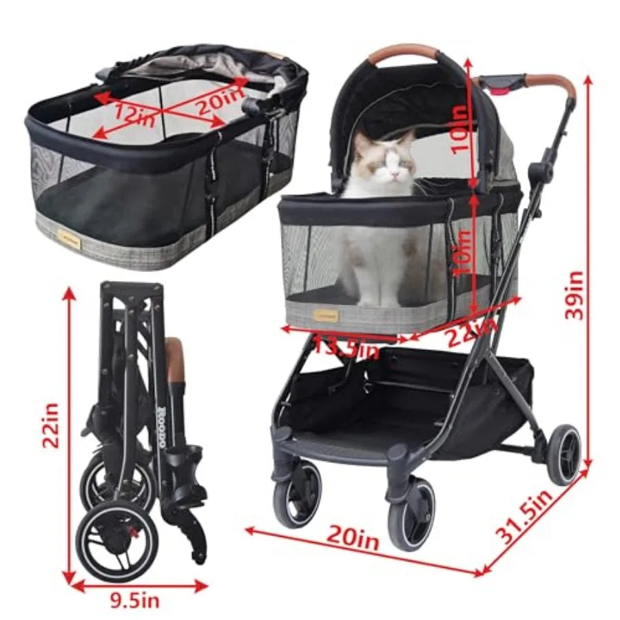 ROODO 2026 upgraded 3-in-1 dog and cat stroller with detachable carrier, lightweight, foldable, portable pet travel gear by I YAN.