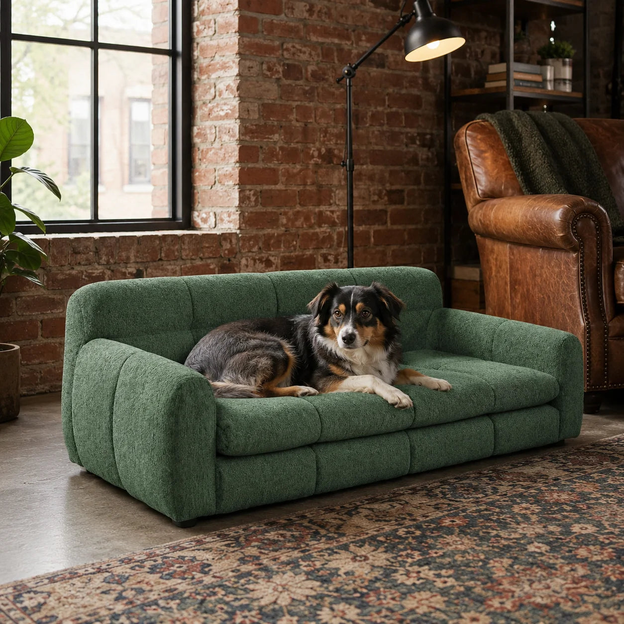 Olive Green Oversized Dog Sofa Bed for Large and Extra Large Dogs, Upholstered Linen Pet Couch with Supportive Armrests and Backrest, Low Stable Legs, Comfortable Elevated Furniture-Style Bed for Living Room, Bedroom and Indo