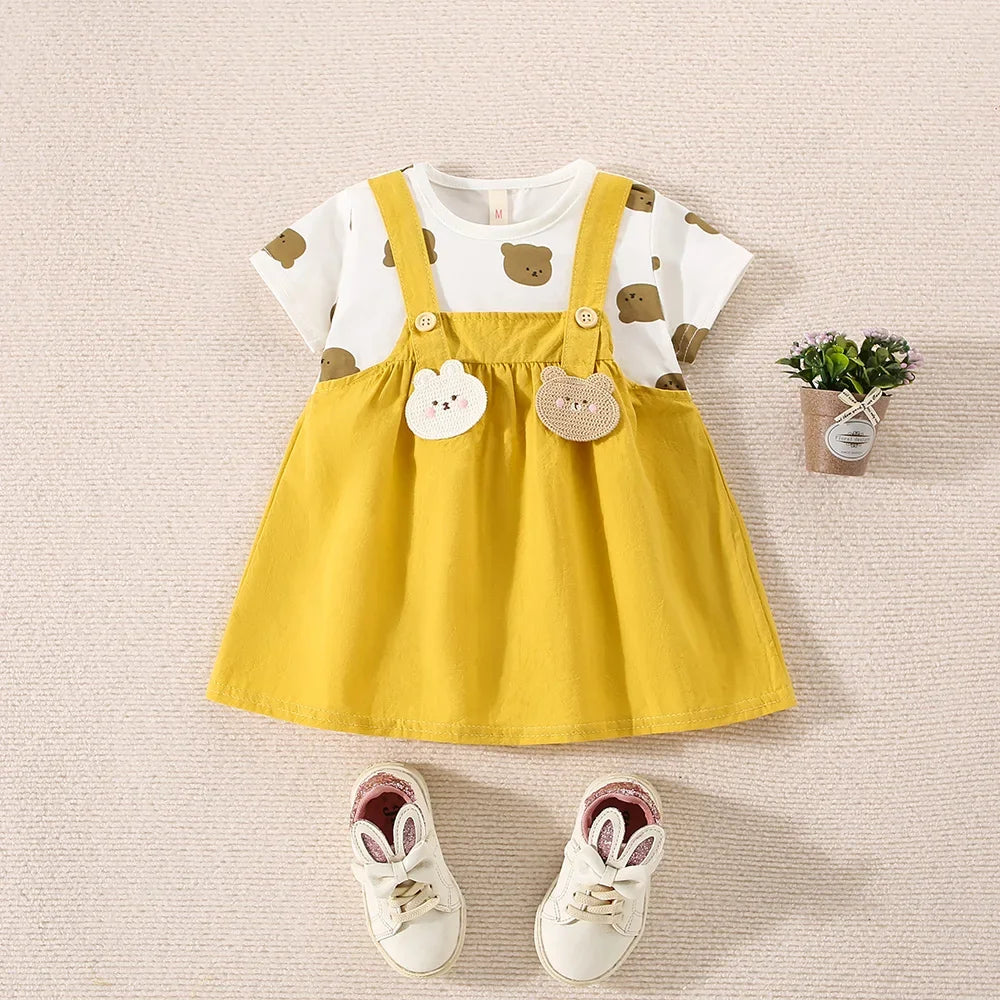 Summer baby girl cotton dress by I YAN with teddy bear print, short sleeves, and faux two-piece strap design, cute and comfortable.