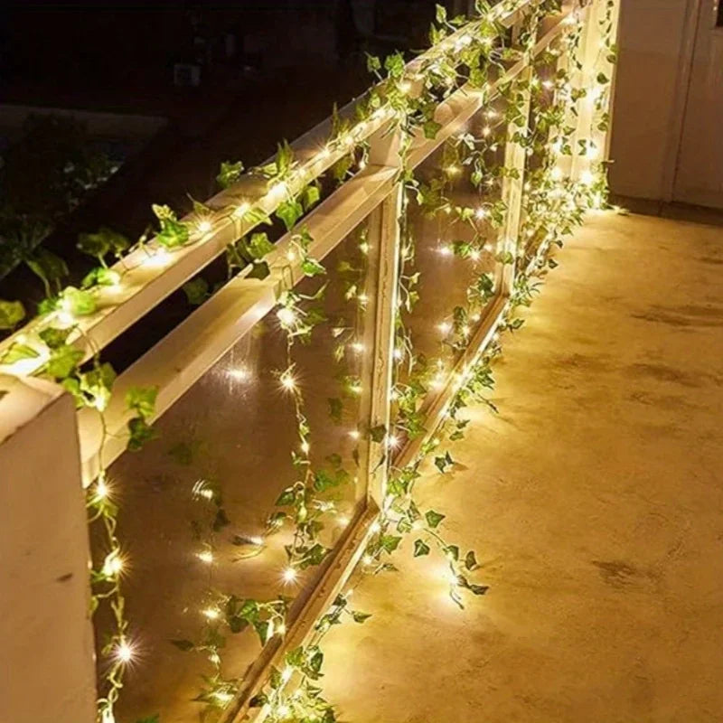 50/100LED Green Fairy Lights with Solar-Powered Artificial Ivy Leaves Featuring 8 Modes for Garden Wedding Christmas Decoration