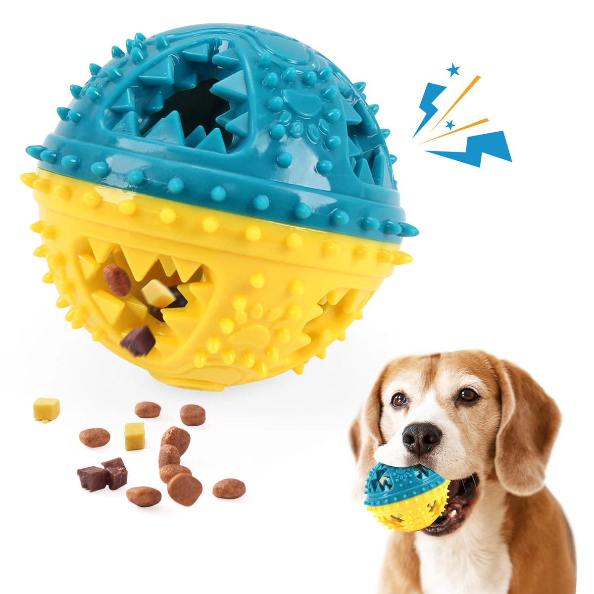 I YAN dog chew toy with leaking food ball, grinding teeth, sound, and interactive design for pet training and dental cleaning.