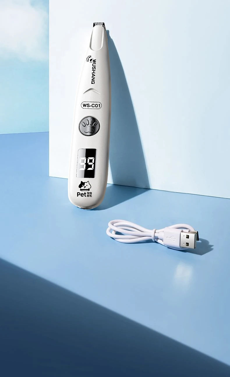 I YAN pet grooming trimmer with LED light, waterproof hair clipper for dogs and cats, low noise design, shown with attachments and blades.