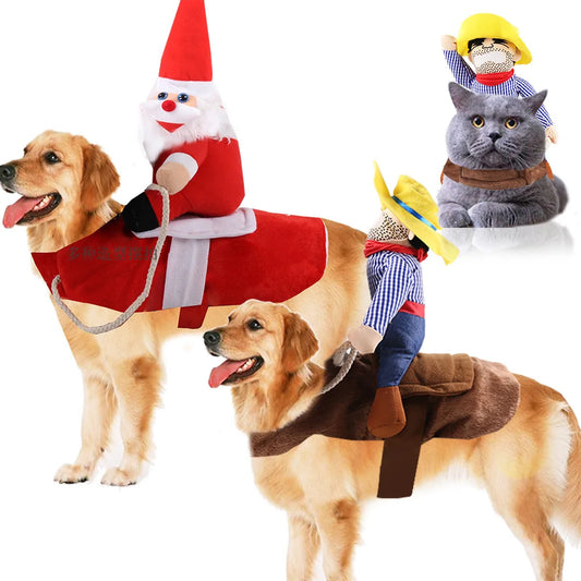 Santa and cowboy rider dog costume by I YAN, featuring 3D riding suit for small to large dogs, visible in the image.