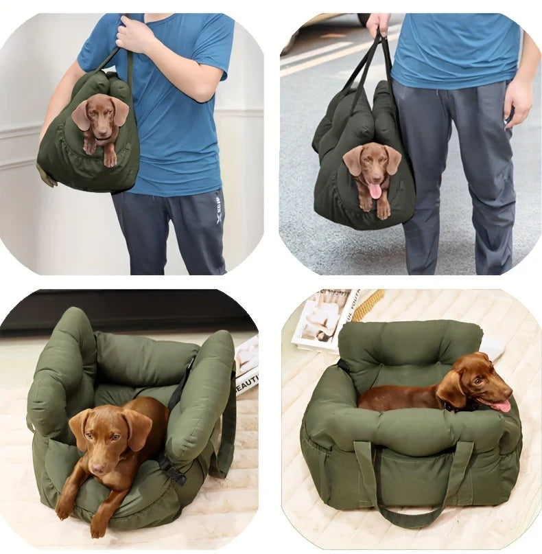 Dog car seat with safety belt for small dogs by I YAN, featuring a non-slip travel carrier with secure straps inside a vehicle.