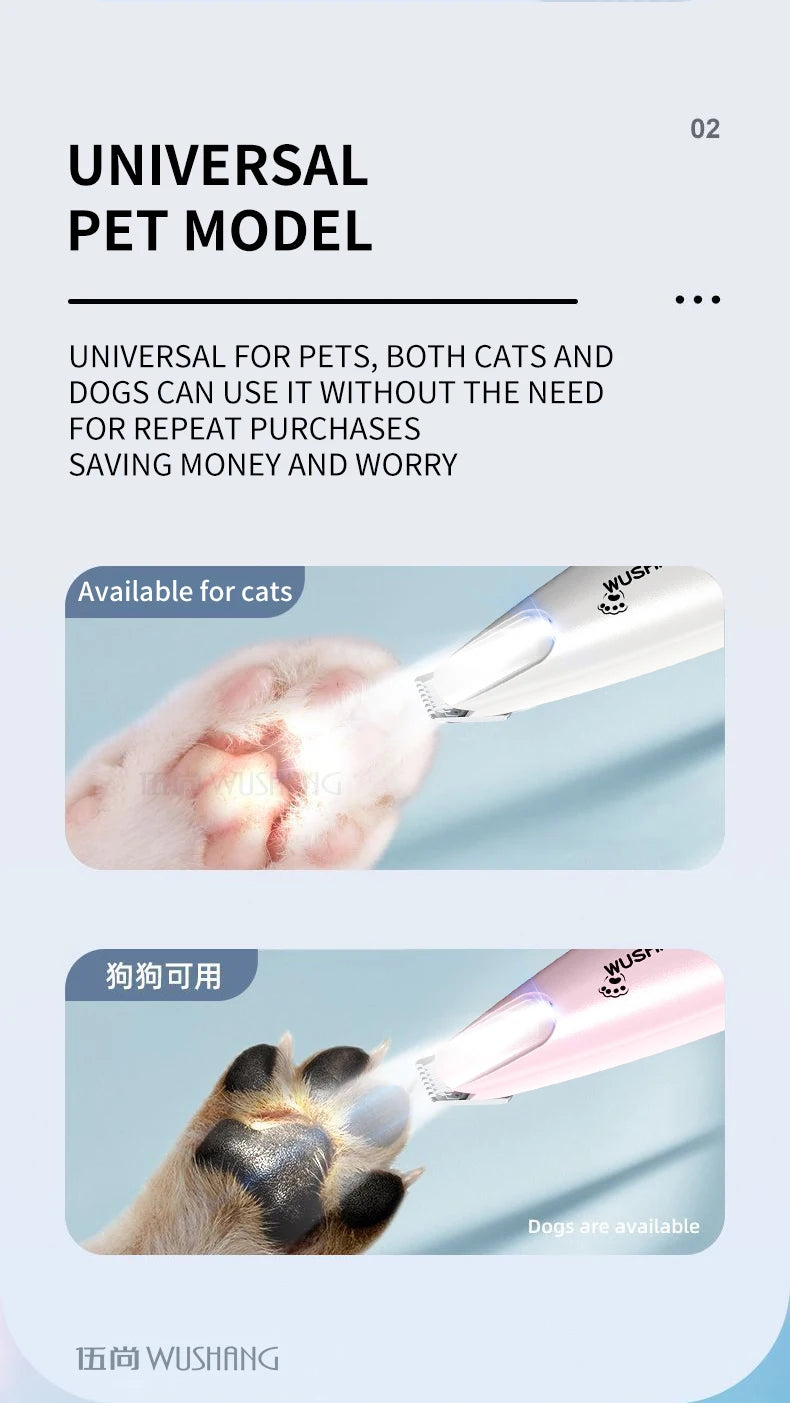 Pet grooming trimmer with LED light from I YAN, waterproof and low noise hair clipper for dogs and cats, shown with blades and ergonomic handle.