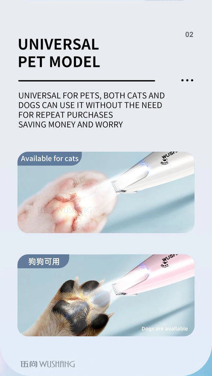 Pet grooming trimmer with LED light from I YAN, waterproof and low noise hair clipper for dogs and cats, shown with blades and ergonomic handle.