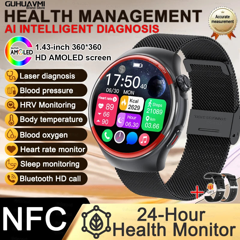 Sapphire Glass Laser Detection Health Smartwatch Men Precise Heart Rate Blood Pressure 150+Sports Bluetooth Call NFC Smart Watch