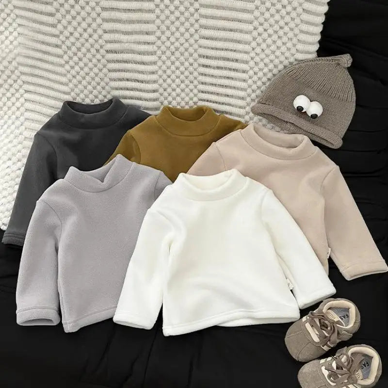 2025 Winter New Baby Fleece Bottoming Shirts Solid Boys Girls Cotton T Shirts Infant Plus Velvet Thick Pullover Toddler Clothes