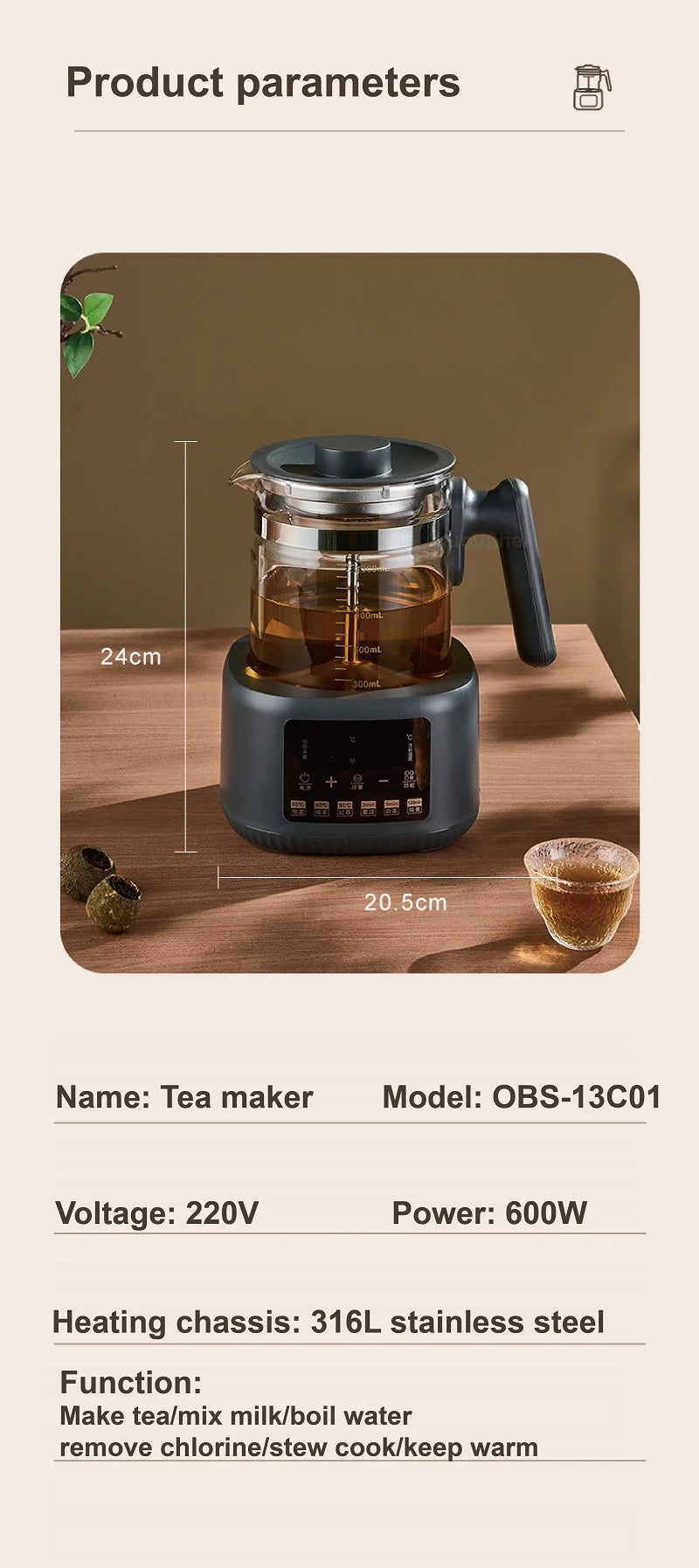 1.3L Tea Maker Baby Constant Temperature Milk Regulator Steam Spray Office Tea Kettle Multifunctional Electric Kettle 220V