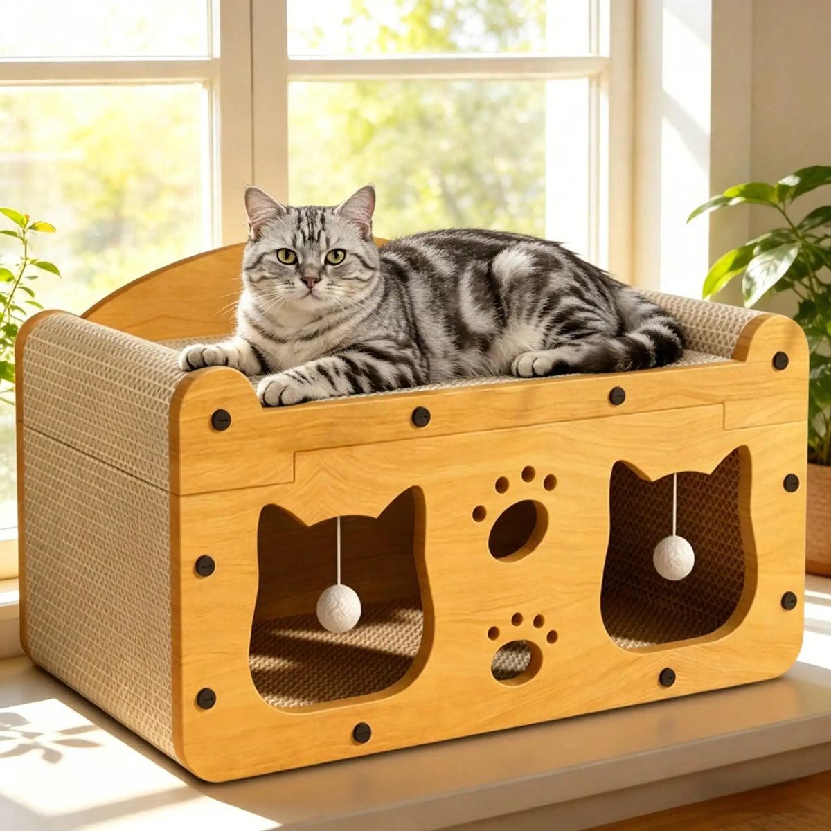 Double layer cardboard cat scratcher lounge with pom pom toys by I YAN, featuring a cozy hideaway and playful scratching surfaces.