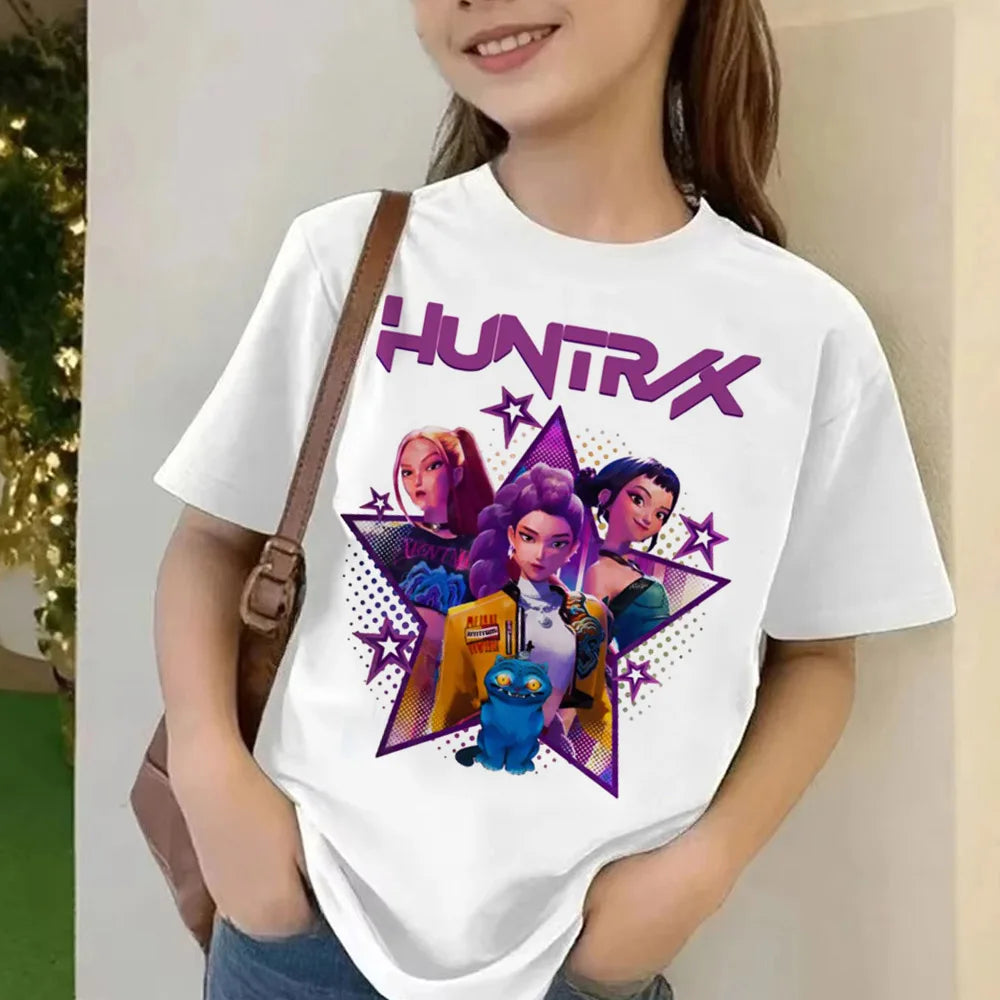 Movie KPop Demon Hunters T-shirt Summer Short Sleeve Tee for Children Casual Loose Girl Boy Graphic Printed Tops