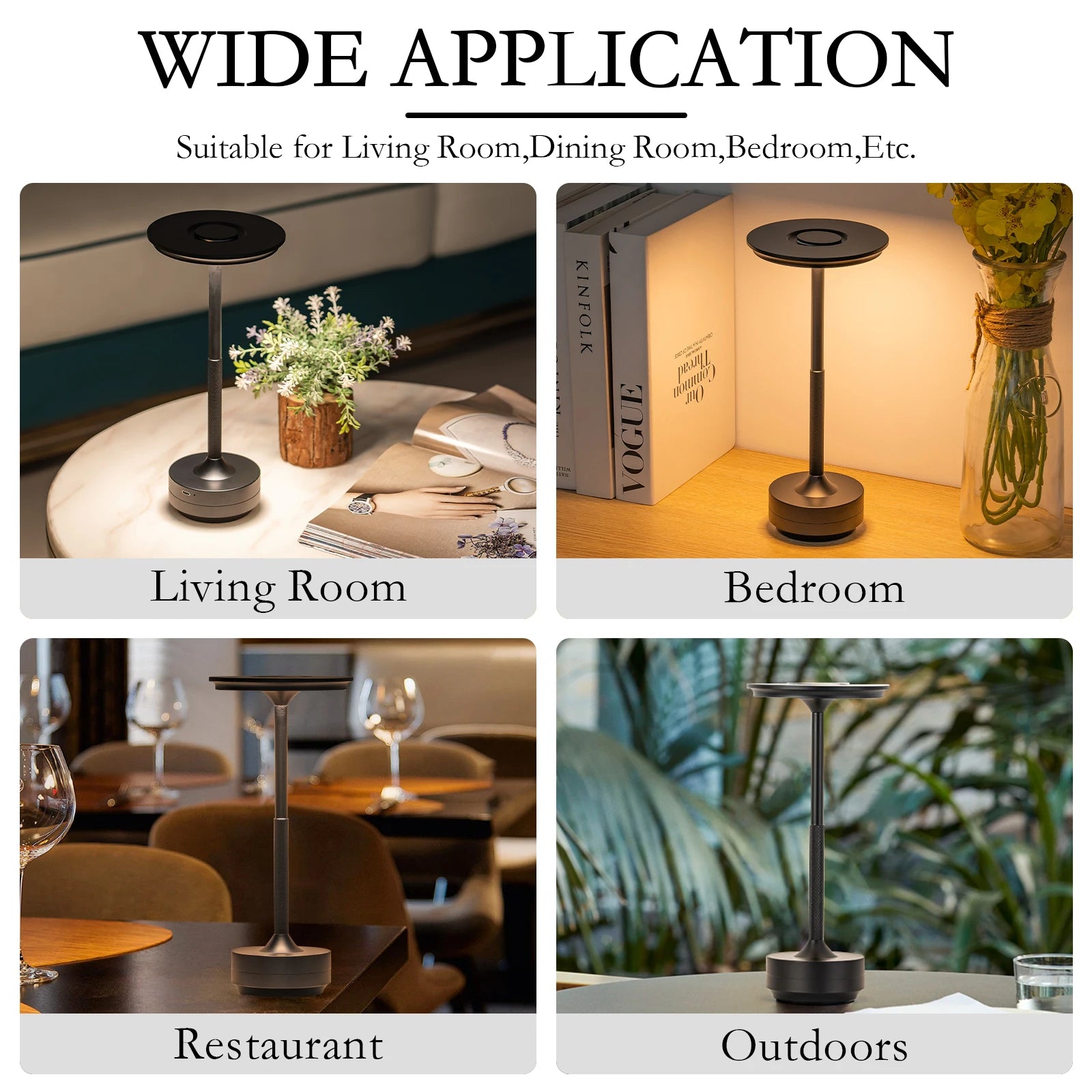 Rechargeable LED wireless table lamp with touch sensor, ideal for bedrooms, restaurants, hotels, and bars for ambient lighting.