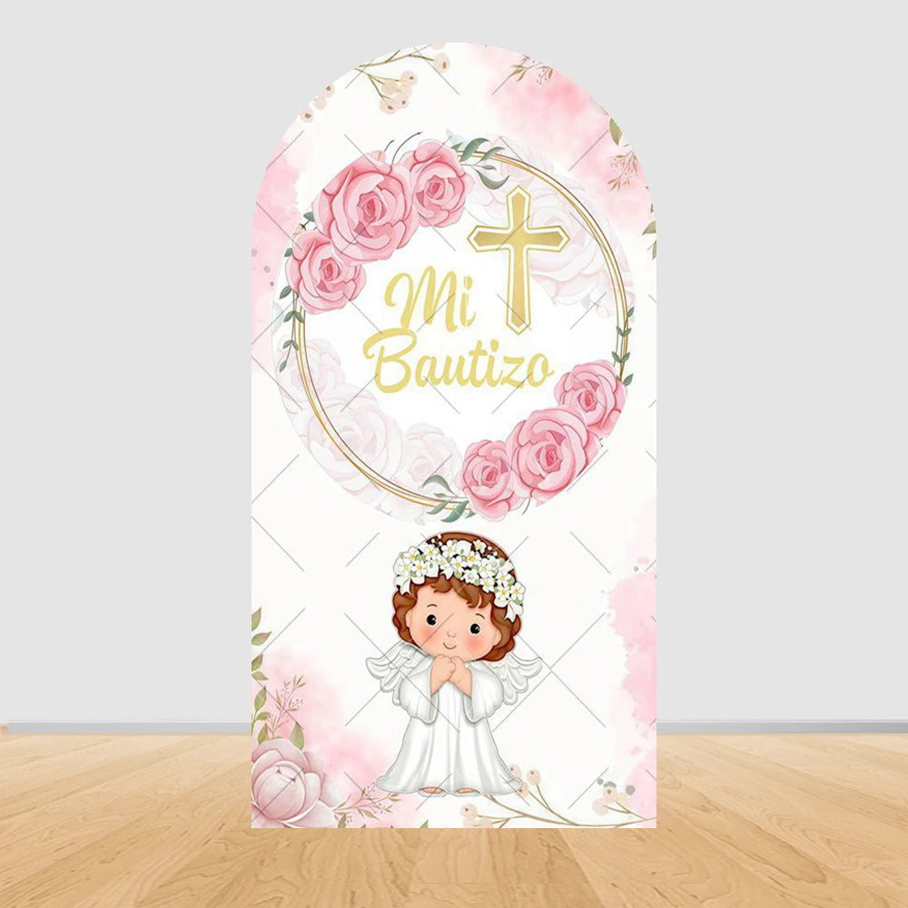 Girl Boy My First Communion Arch Backdrop Cover Flowers God Bless Holy Cross Baby Shower Baptism Party Decor Arched Background