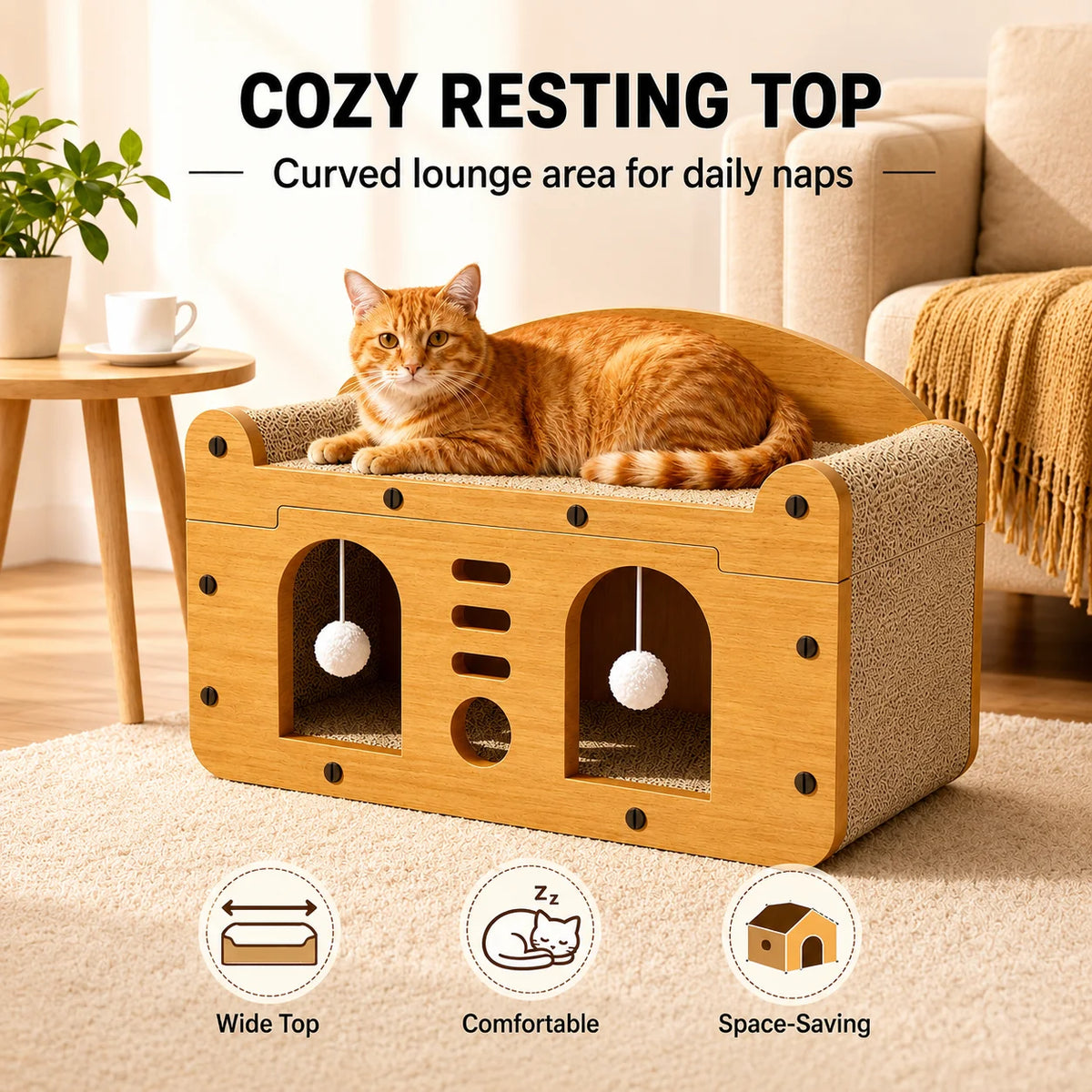 I YAN double door wooden cat scratcher sofa house with hideout and corrugated scratching bed for indoor cats.