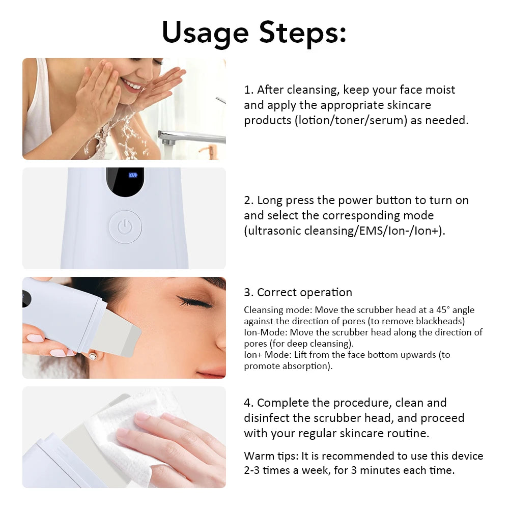 Ultrasonic Skin Scrubber Skin Spatula Ion Deep Face Cleaning 4 Modes Facial Lifting Ultrasonic Cleaner Peeling Skin Care Device