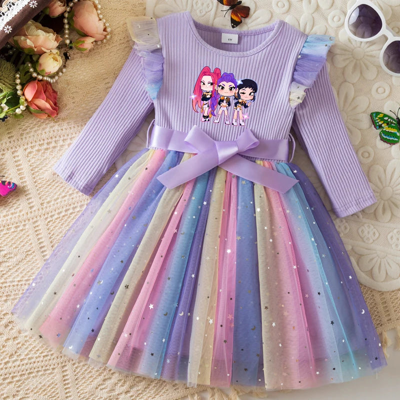 K-Pop Hunters Rainbow Princess Dress for Girls Sequin Birthday Party Mesh Dress for Baby Casual Long Sleeve Girls Dresses 1-5Y