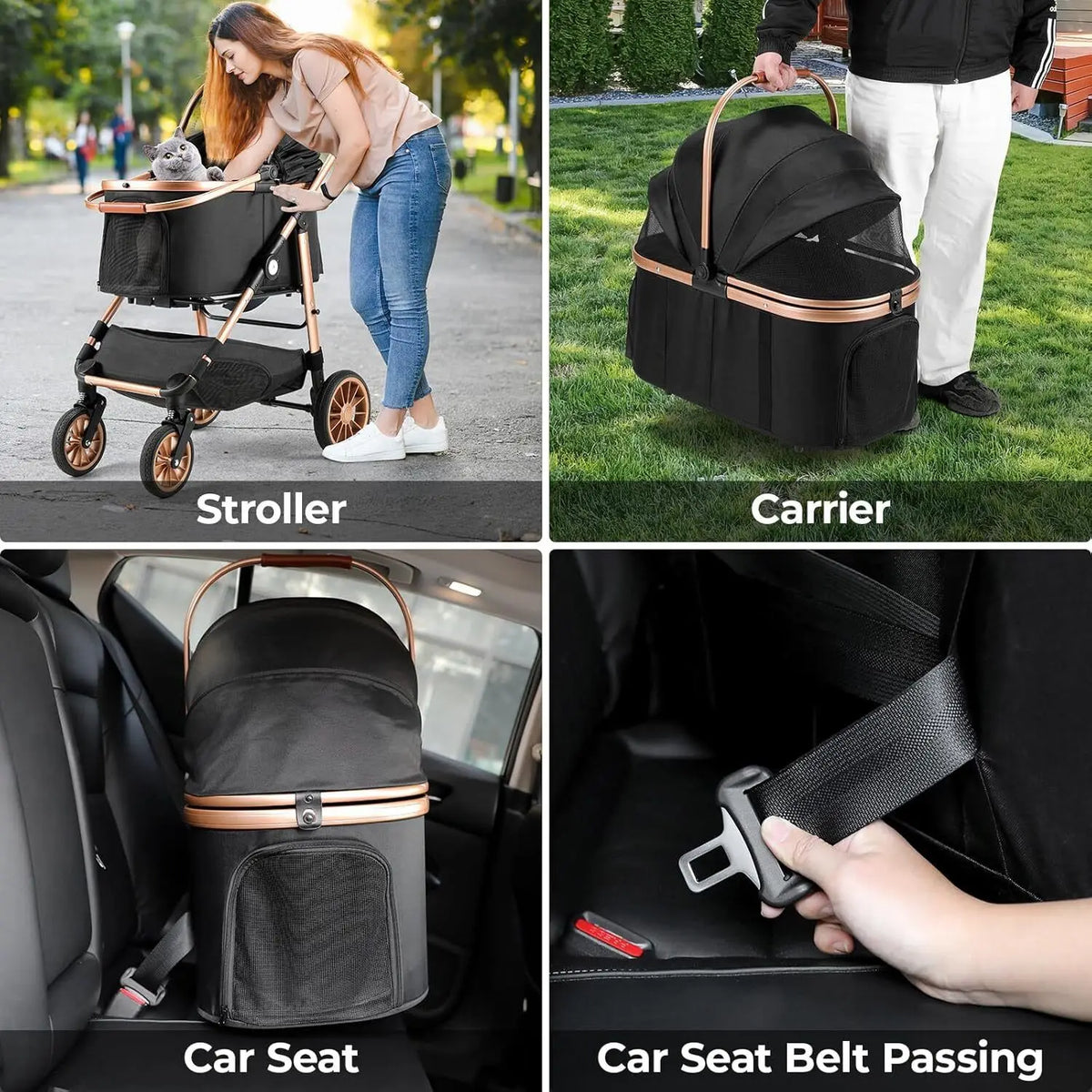 I YAN 360° high wheels foldable cat and dog stroller with attached car box, suitable for pets up to 25 kg.