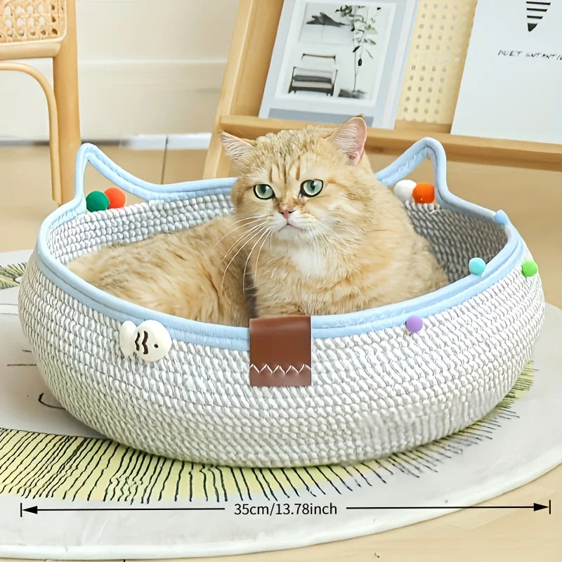 Round hand-woven rattan cat bed by I YAN, summer cooling cotton rope kitten basket with scratching surface for pets.