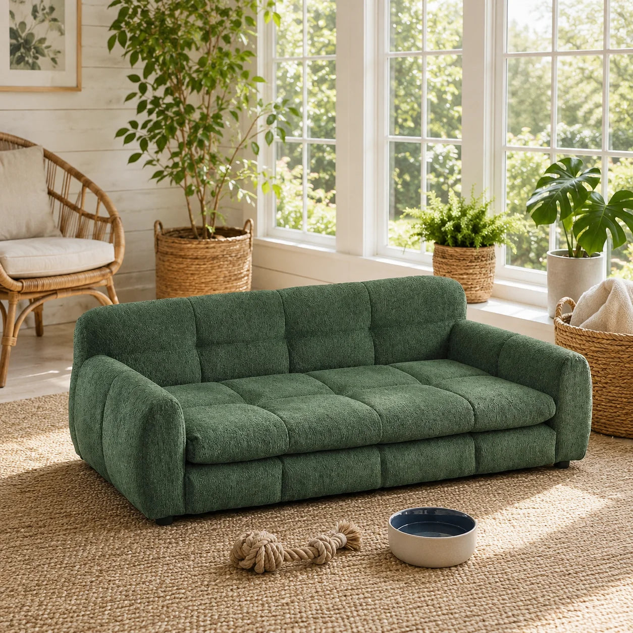 Olive Green Oversized Dog Sofa Bed for Large and Extra Large Dogs, Upholstered Linen Pet Couch with Supportive Armrests and Backrest, Low Stable Legs, Comfortable Elevated Furniture-Style Bed for Living Room, Bedroom and Indo