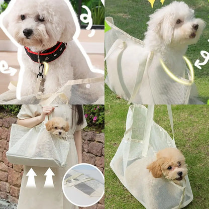 I YAN portable mesh pet carrier bag for dogs, breathable summer travel tote with shoulder strap and foldable design for comfortable transport.