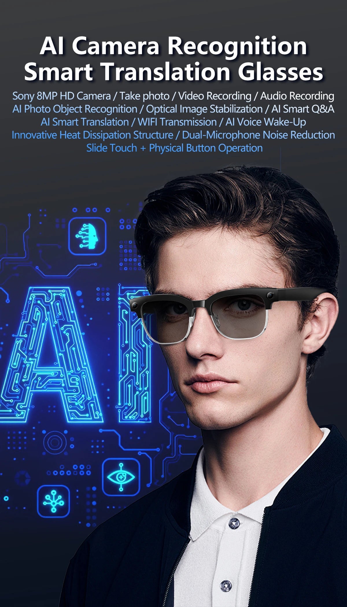 2026 New AI Smart Glasses 4K 8MP HD Camera Video 1080P 100+ Languages Translation WiFi Sunglasses Bluetooth Call Music Men Women