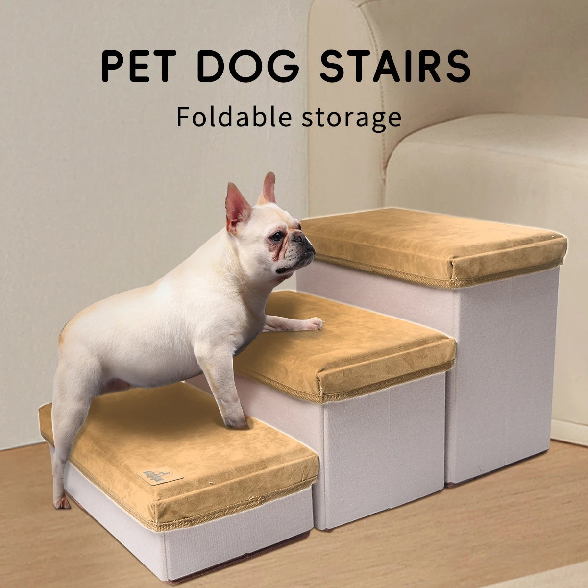 Pet Staircase Designed for Puppies, Senior Dogs, and Injured Dogs. It Has Three Levels and Offers Ample Internal Storage Space.