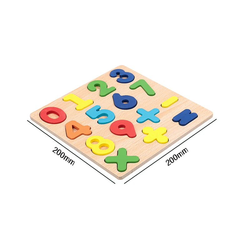 Wooden Montessori puzzle with alphabet, numbers, shapes, and arithmetic symbols for kids learning and educational play by I YAN