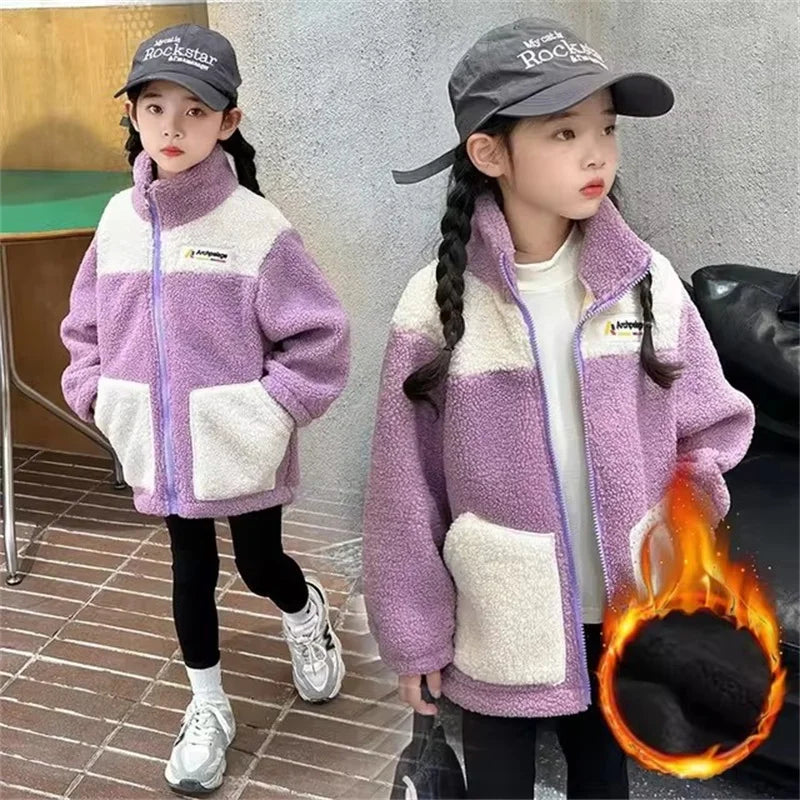 LambWool Warm Jackets For Girls Children Autumn Winter Outerwear Kids Plus Velvet Coats New Teenager Fashion Padded Clothing